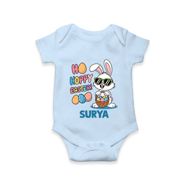 Hoppy Easter Personalized Romper – Cute Bunny Egg Basket Design - BABY BLUE - New Born (Chest 14")