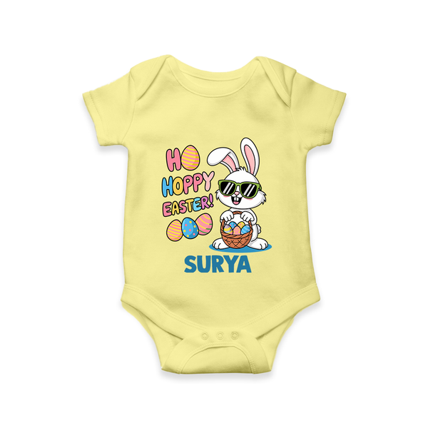 Hoppy Easter Personalized Romper – Cute Bunny Egg Basket Design - PASTEL YELLOW - New Born (Chest 14")