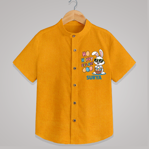 Hoppy Easter Personalized Shirt – Cute Bunny Egg Basket Design - CHROME YELLOW - 0 - 6 Months Old (Chest 23")
