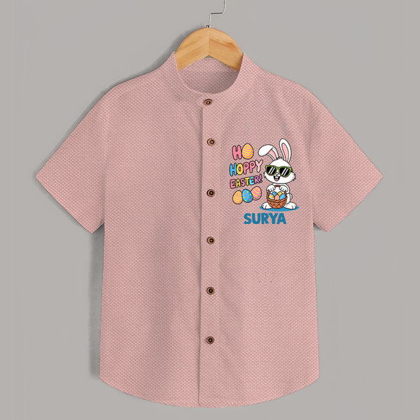 Hoppy Easter Personalized Shirt – Cute Bunny Egg Basket Design - PEACH - 0 - 6 Months Old (Chest 23")