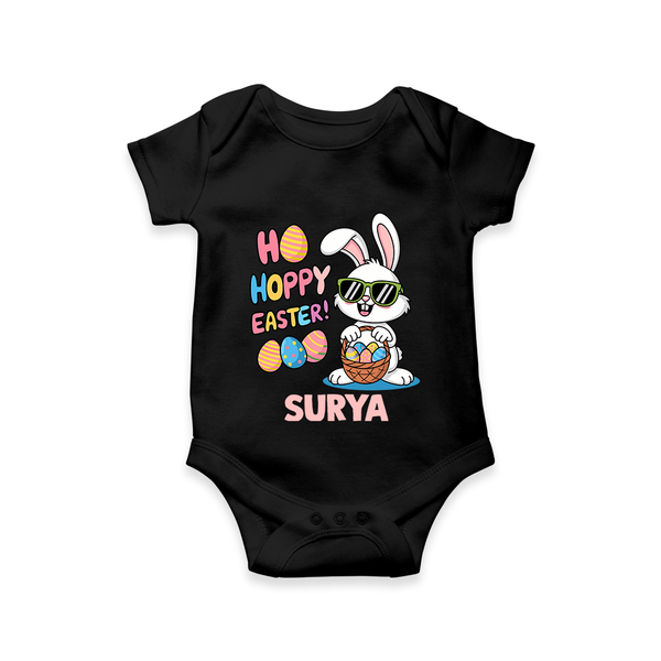 Hoppy Easter Personalized Romper – Cute Bunny Egg Basket Design - BLACK - New Born (Chest 14")