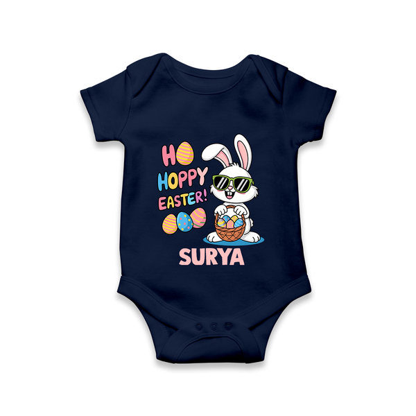 Hoppy Easter Personalized Romper – Cute Bunny Egg Basket Design - NAVY BLUE - New Born (Chest 14")