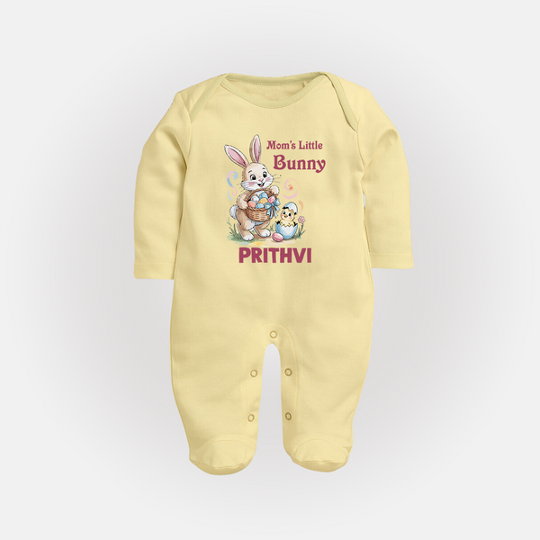 Mom’s Little Bunny Personalized Fullbody suit – Cute Easter Outfit - PASTEL YELLOW - New Born (Chest 7.5")