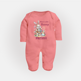 Mom’s Little Bunny Personalized Fullbody suit – Cute Easter Outfit - PEACH - New Born (Chest 7.5")