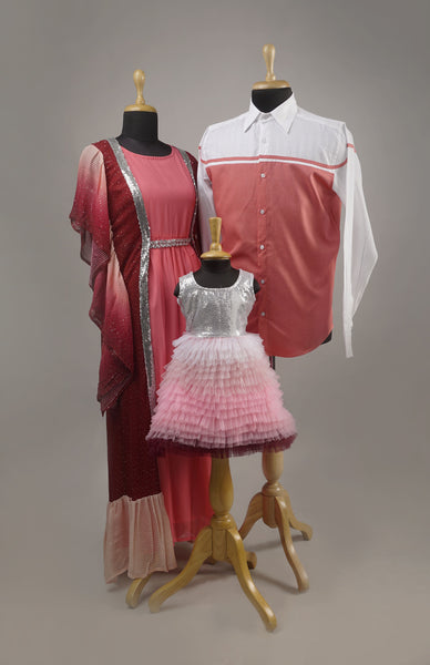Pink & Silver Glam Family Outfit Set - Sequin gown for mom, white & pink shirt for dad, ombre pink frock for baby girl.
