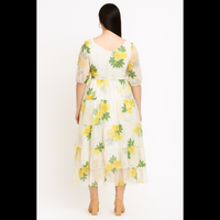 Sunshine Bloom Yellow Floral Tiered Midi Dress