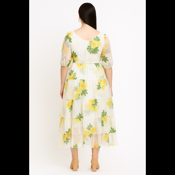 Sunshine Bloom Yellow Floral Tiered Midi Dress