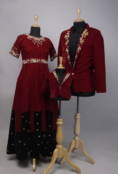 Elegant Maroon & Black Family Party Wear Set - Mom Dad & Son Coordinated Outfits with Golden Embroidery