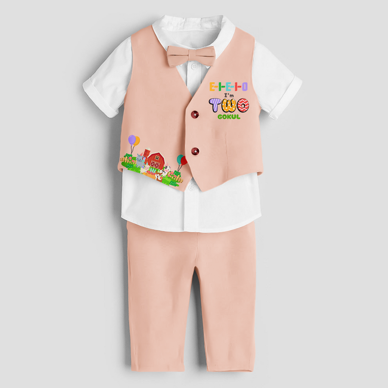 Second Year Farm Themed Customized Waist Coat With Name For Kids - PEACH - 1 Year Old (Waist Coat - Chest 22"/Pant Length 17"/Pant Waist 21")