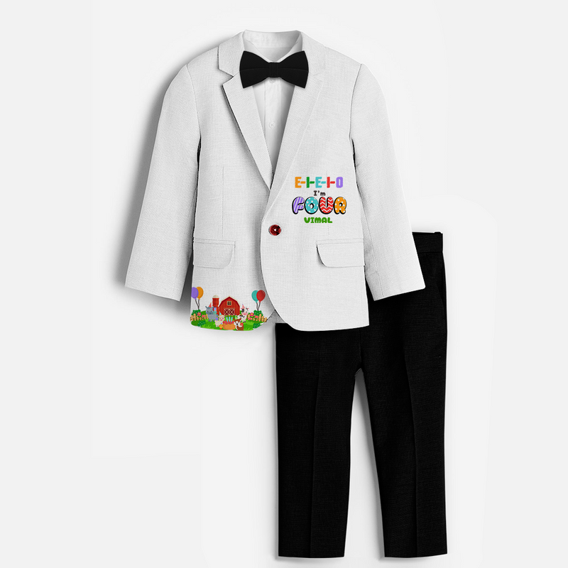 Fourth Year Farm Themed Customized Knitted Blazer With Name For Kids - WHITE - 1 Year Old (Blazer - Chest 23"/Pant Length 17"/Pant Waist 21")