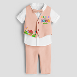 Fourth Year Farm Themed Customized Waist Coat With Name For Kids - PEACH - 1 Year Old (Waist Coat - Chest 22"/Pant Length 17"/Pant Waist 21")