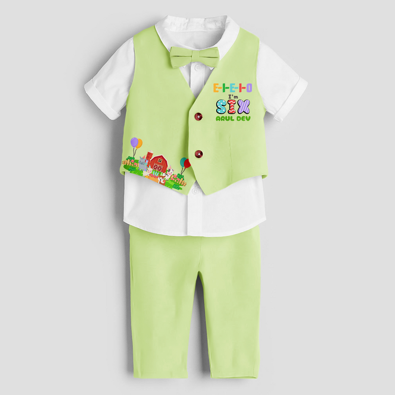 Sixth Year Farm Themed Customized Waist Coat With Name For Kids - PASTEL GREEN - 1 Year Old (Waist Coat - Chest 22"/Pant Length 17"/Pant Waist 21")