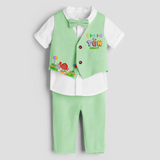 Tenth Year Farm Themed Customized Waist Coat With Name For Kids - MINT GREEN - 1 Year Old (Waist Coat - Chest 22"/Pant Length 17"/Pant Waist 21")