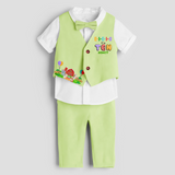 Tenth Year Farm Themed Customized Waist Coat With Name For Kids - PASTEL GREEN - 1 Year Old (Waist Coat - Chest 22"/Pant Length 17"/Pant Waist 21")