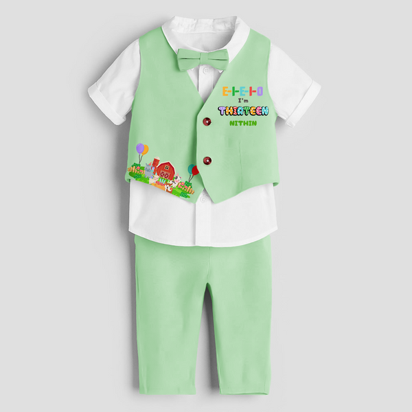 Thirteenth Year Farm Themed Customized Waist Coat With Name For Kids - MINT GREEN - 1 Year Old (Waist Coat - Chest 22"/Pant Length 17"/Pant Waist 21")