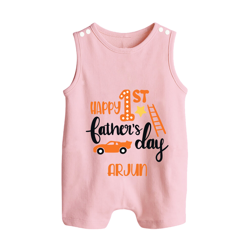 Happy First Father's Day Romper Suit/Sleeveless Romper for Baby | Custom Print Soft Cotton Babywear - BABY PINK - 0 - 5 Months Old (Chest 18")