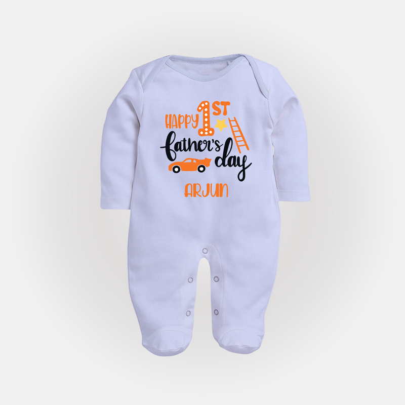 Happy First Father's Day Full Sleeve Bodysuit/Sleep Suit for Baby | Custom Print Soft Cotton Babywear - BABY BLUE - New Born (Chest 7.5")