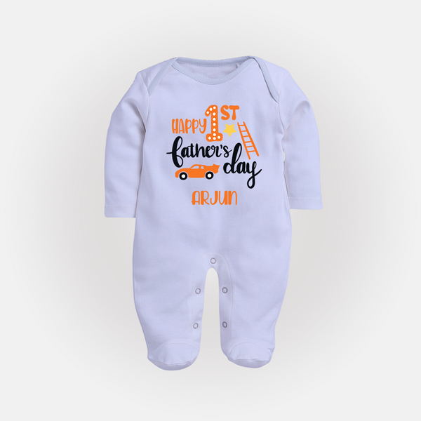 Happy First Father's Day Full Sleeve Bodysuit/Sleep Suit for Baby | Custom Print Soft Cotton Babywear - BABY BLUE - New Born (Chest 7.5")