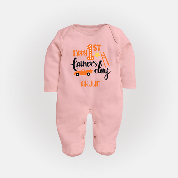 Happy First Father's Day Full Sleeve Bodysuit/Sleep Suit for Baby | Custom Print Soft Cotton Babywear - BABY PINK - New Born (Chest 7.5")