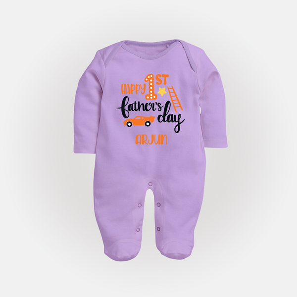 Happy First Father's Day Full Sleeve Bodysuit/Sleep Suit for Baby | Custom Print Soft Cotton Babywear - LILAC - New Born (Chest 7.5")