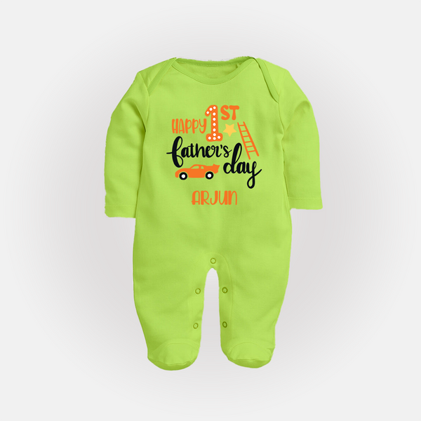 Happy First Father's Day Full Sleeve Bodysuit/Sleep Suit for Baby | Custom Print Soft Cotton Babywear - LIME GREEN - New Born (Chest 7.5")