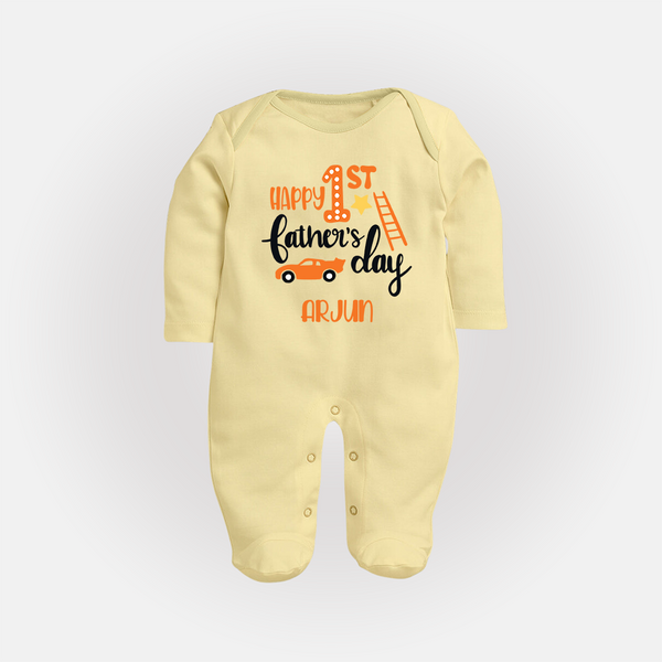 Happy First Father's Day Full Sleeve Bodysuit/Sleep Suit for Baby | Custom Print Soft Cotton Babywear - PASTEL YELLOW - New Born (Chest 7.5")