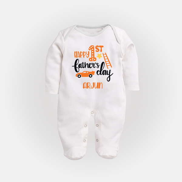 Happy First Father's Day Full Sleeve Bodysuit/Sleep Suit for Baby | Custom Print Soft Cotton Babywear - WHITE - New Born (Chest 7.5")