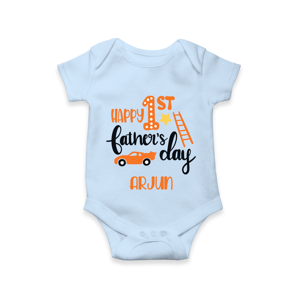 Happy First Father's Day Romper/Bodysuit for Baby | Custom Print Soft Cotton Babywear - BABY BLUE - New Born (Chest 14")