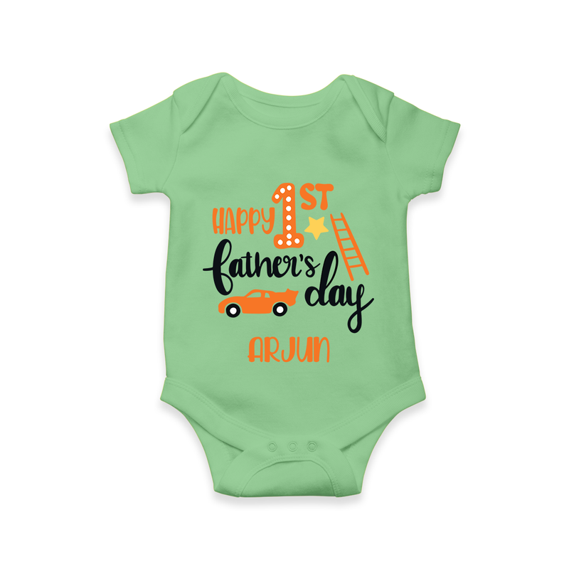 Happy First Father's Day Romper/Bodysuit for Baby | Custom Print Soft Cotton Babywear - GREEN - New Born (Chest 14")