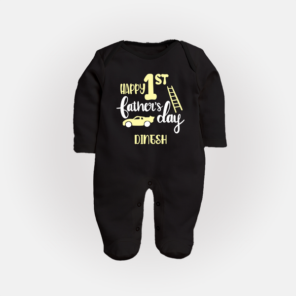 Happy First Father's Day Full Sleeve Bodysuit/Sleep Suit for Baby | Custom Print Soft Cotton Babywear - BLACK - New Born (Chest 7.5")