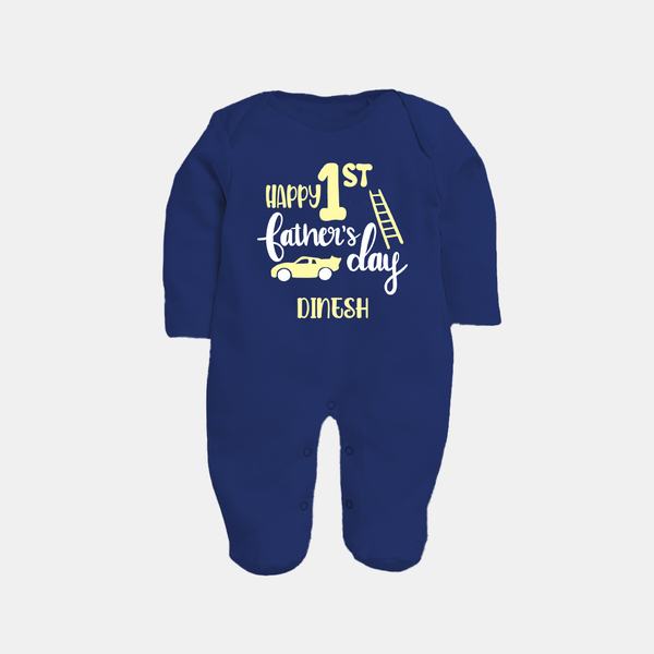 Happy First Father's Day Full Sleeve Bodysuit/Sleep Suit for Baby | Custom Print Soft Cotton Babywear - NAVY BLUE - New Born (Chest 7.5")