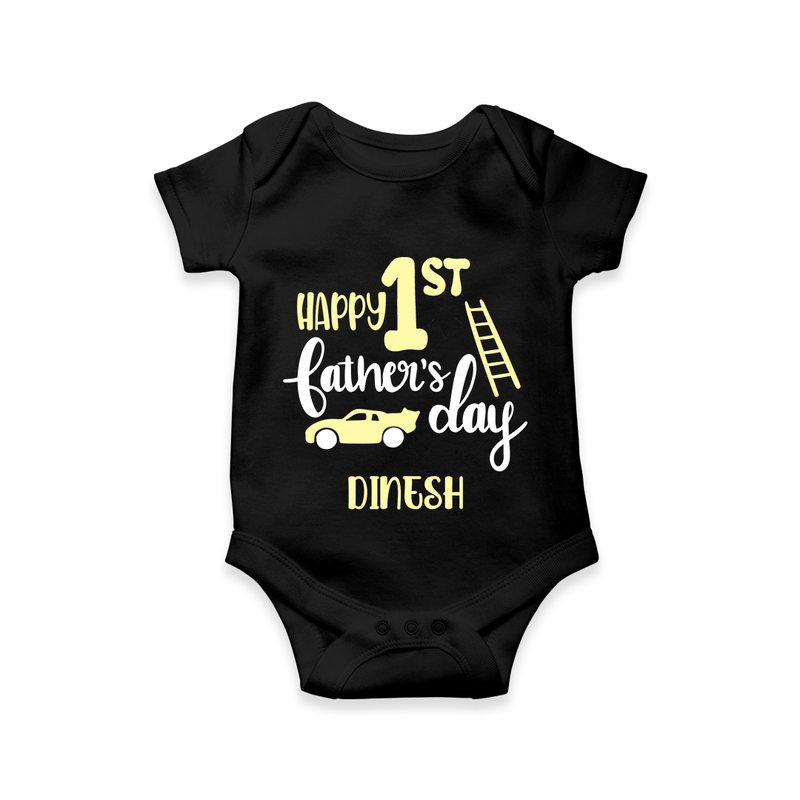 Happy First Father's Day Romper/Bodysuit for Baby | Custom Print Soft Cotton Babywear - BLACK - New Born (Chest 14")