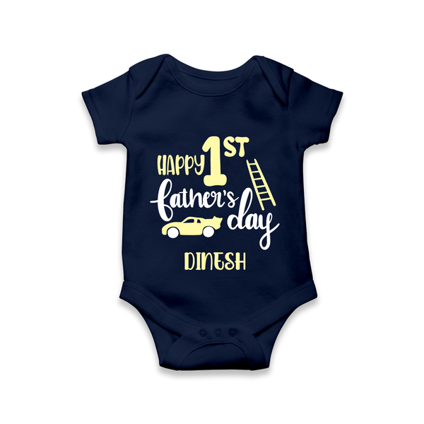 Happy First Father's Day Romper/Bodysuit for Baby | Custom Print Soft Cotton Babywear - NAVY BLUE - New Born (Chest 14")