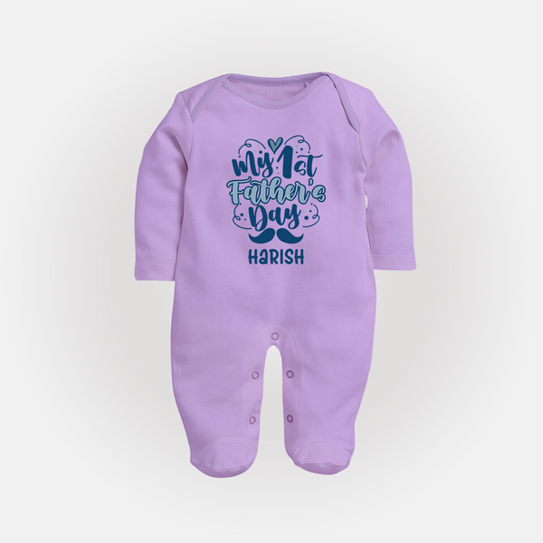 Daddy's First Father's Day Full Sleeve Bodysuit/Sleep Suit | Personalized Outfit for Newborns - LILAC - New Born (Chest 7.5")