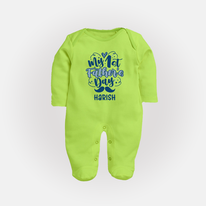 Daddy's First Father's Day Full Sleeve Bodysuit/Sleep Suit | Personalized Outfit for Newborns - LIME GREEN - New Born (Chest 7.5")