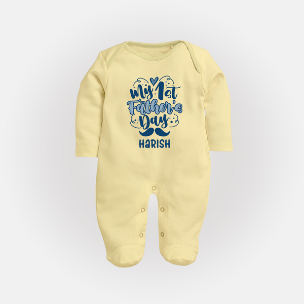 Daddy's First Father's Day Full Sleeve Bodysuit/Sleep Suit | Personalized Outfit for Newborns - PASTEL YELLOW - New Born (Chest 7.5")