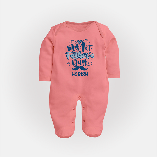 Daddy's First Father's Day Full Sleeve Bodysuit/Sleep Suit | Personalized Outfit for Newborns - PEACH - New Born (Chest 7.5")