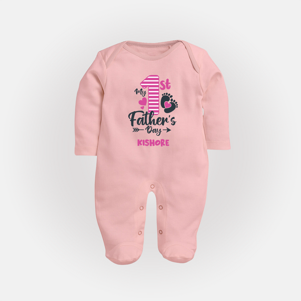 Happy First Father's Day Full Sleeve Bodysuit/Sleep Suit | Baby's Gift to Dad Soft and Adorable - BABY PINK - New Born (Chest 7.5")