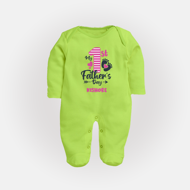 Happy First Father's Day Full Sleeve Bodysuit/Sleep Suit | Baby's Gift to Dad Soft and Adorable - LIME GREEN - New Born (Chest 7.5")