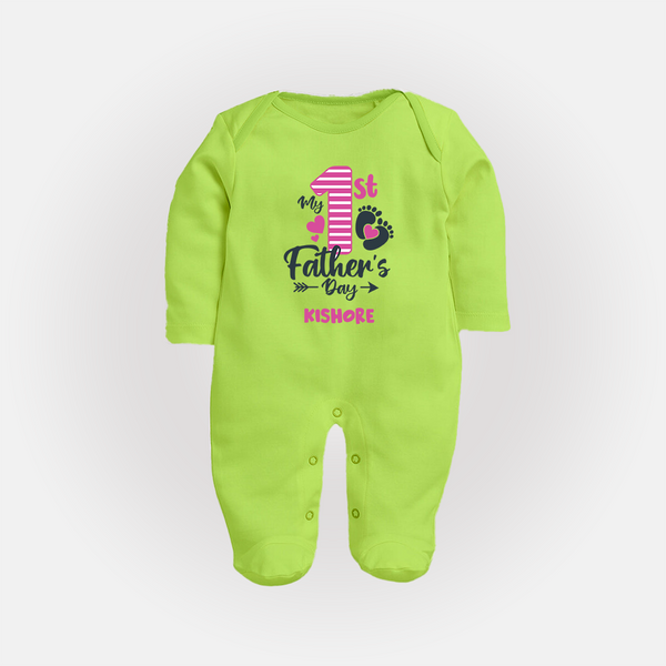 Happy First Father's Day Full Sleeve Bodysuit/Sleep Suit | Baby's Gift to Dad Soft and Adorable - LIME GREEN - New Born (Chest 7.5")