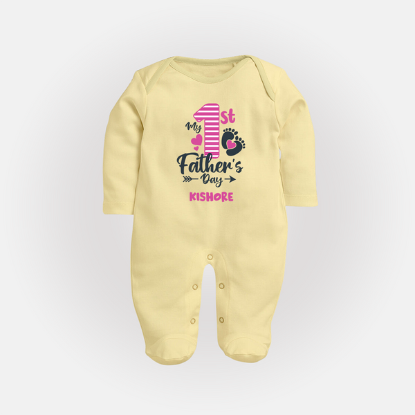 Happy First Father's Day Full Sleeve Bodysuit/Sleep Suit | Baby's Gift to Dad Soft and Adorable - PASTEL YELLOW - New Born (Chest 7.5")