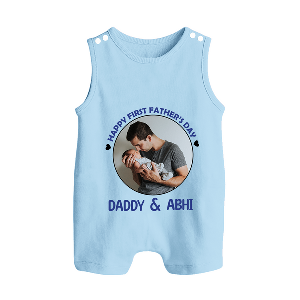 Funny First Father's Day Romper Suit/Sleeveless Romper | I Get My Looks from Dad Custom Set - BABY BLUE - 0 - 5 Months Old (Chest 18")