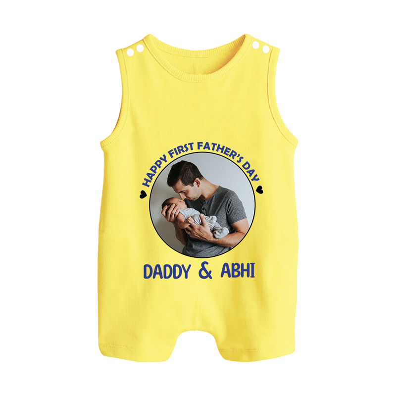 Funny First Father's Day Romper Suit/Sleeveless Romper | I Get My Looks from Dad Custom Set - PASTEL YELLOW - 0 - 5 Months Old (Chest 18")