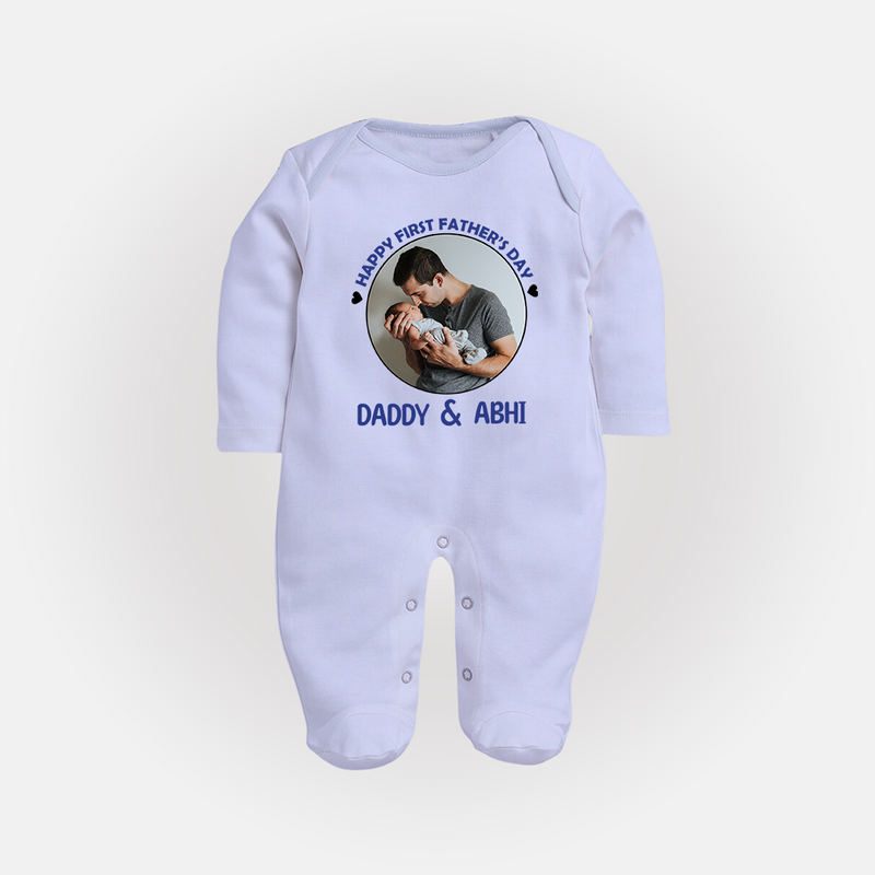 Funny First Father's Day Full Sleeve Bodysuit/Sleep Suit | I Get My Looks from Dad Custom Set - BABY BLUE - New Born (Chest 7.5")