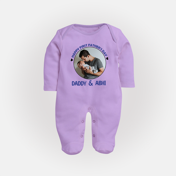 Funny First Father's Day Full Sleeve Bodysuit/Sleep Suit | I Get My Looks from Dad Custom Set - LILAC - New Born (Chest 7.5")