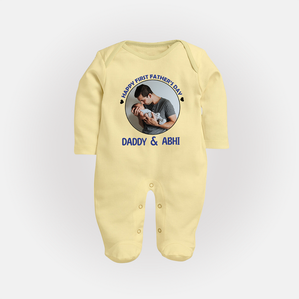 Funny First Father's Day Full Sleeve Bodysuit/Sleep Suit | I Get My Looks from Dad Custom Set - PASTEL YELLOW - New Born (Chest 7.5")