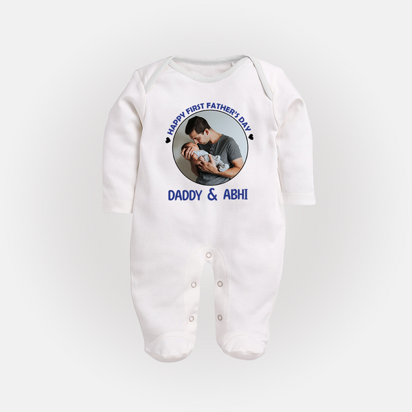 Funny First Father's Day Full Sleeve Bodysuit/Sleep Suit | I Get My Looks from Dad Custom Set - WHITE - New Born (Chest 7.5")