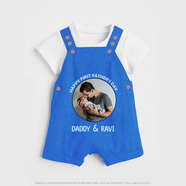 Funny First Father's Day Dungaree Set | I Get My Looks from Dad Custom Set - COBALT BLUE - 0 - 5 Months Old (Chest 18")
