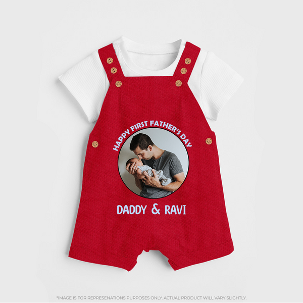Funny First Father's Day Dungaree Set | I Get My Looks from Dad Custom Set - RED - 0 - 5 Months Old (Chest 18")