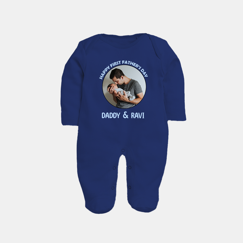 Funny First Father's Day Full Sleeve Bodysuit/Sleep Suit | I Get My Looks from Dad Custom Set - NAVY BLUE - New Born (Chest 7.5")